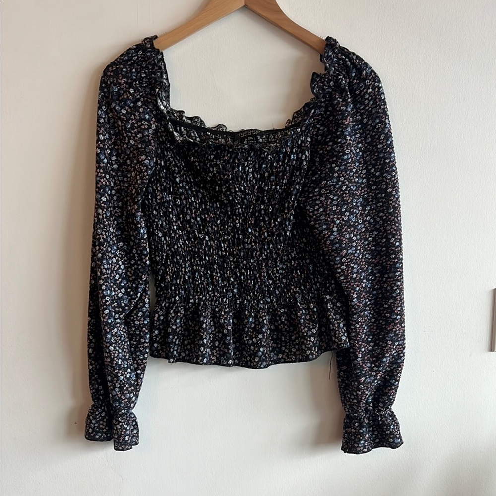 Topshop Black and White Puff Sleeve Smocked Blouse